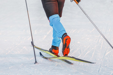 Close-up of cross country skiing equipment - boots and poles on a snow background