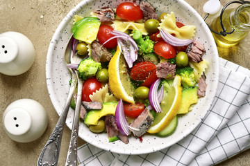 Tuna salad with pasta and vegetables.Top view.