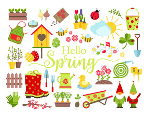 Spring and gardening tools icons set. Planting, growing, caring for garden and decoration elements isolated on white background. Cartoon flat style vector illustration. - 190143868
