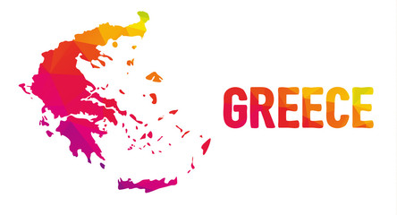 Low polygonal map of Greece with sign Greece, both in warm colors of red, purple, orange and yellow