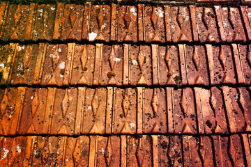 Background of old and worn roof tiles with moss