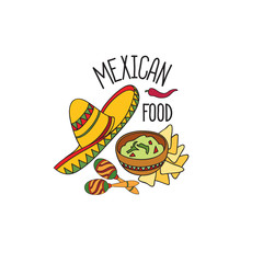 Mexican food symbol set. Fastfood sign. Guacamole, hat, musical icon.