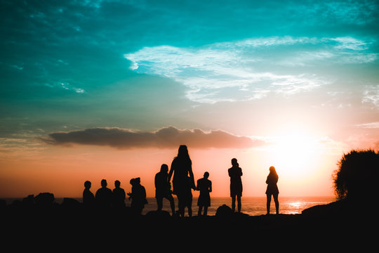 Sunset Silhouette Group Of Friends