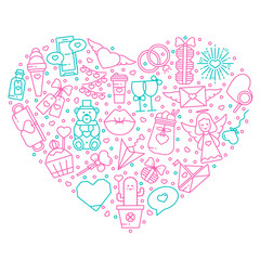 Valentine's Day flat line icons and symbols into a heart shaped frame. Vector composition for valentine cards, poster, invitation, banner or wallpaper in thin linear design.