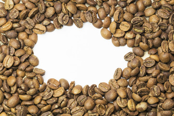 Coffee beans closeup background, white background space