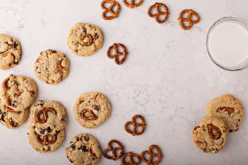 Chocolate chips and pretzels cookies on a marble table
