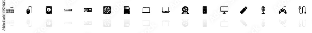 Aufkleber hardware icons - black horizontal illustration symbol on white background with a mirror shadow refle