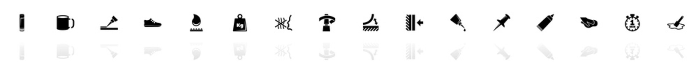 Glue icons - Black horizontal Illustration symbol on White Background with a mirror Shadow reflection. Flat Vector Icon.
