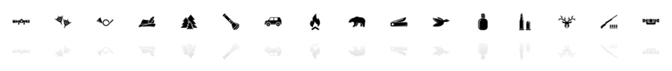 Hunting icons - Black horizontal Illustration symbol on White Background with a mirror Shadow reflection. Flat Vector Icon.