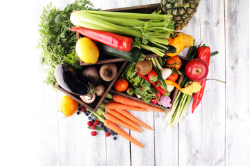 Composition with variety of raw organic vegetables and fruits. Balanced diet