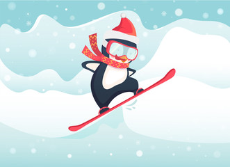 penguin snowboarder at jump