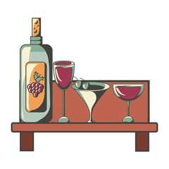 Shelf with wine bottle and glasses