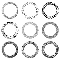 Set of vector abstract round grunge frames for graphic design, brandaning and packaging materials, hand drawn circle borders and labels - 190148489