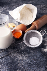 Baking ingredients for homemade pastry. Bake sweet cookies concept.