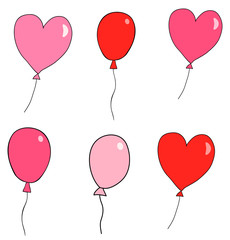 Cute hand drawn vector balloons for greeting cards and for Valentine's day in pink and red colors with black outlines
