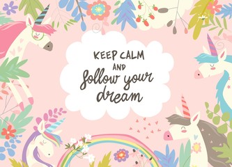 Cute magic frame composed of unicorns and flowers © Maria Starus