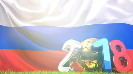 flag of Russia soccer football with green grass symbol 3d rendering