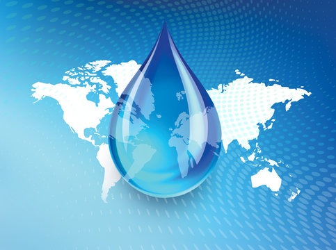 Abstract concept indicating a world wide fresh water crisis and shortage with a droplet of water suspended over a global map with swirling dots background.