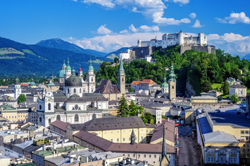 Fototapeta na wymiar Salzburg city, Austria, Old Town and Hohensalzburg castle