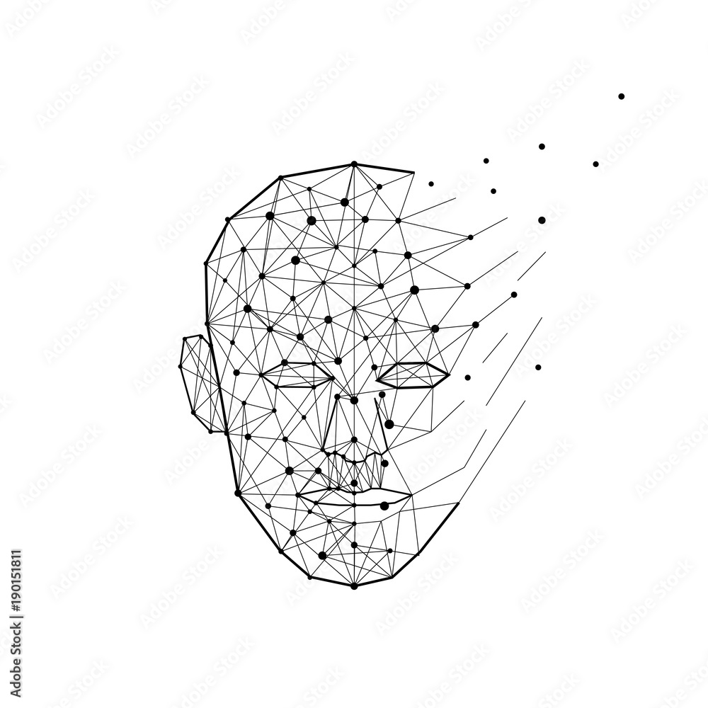 Aufkleber polygon human head exploding and breaks into lines and dots. smart person and mind concept, vector i