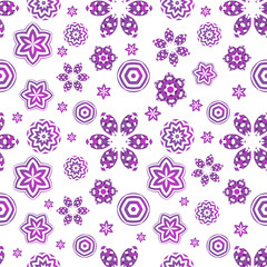 Seamless pattern with violet geometrical flowers on white background. Creative floral ornament.