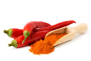 Red chili pepper and ground pepper in a wooden spoon, on white background.