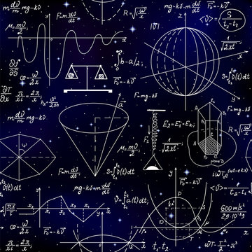 Math vector seamless pattern with handwritten plots and spheres, calculations, formulas and equations on a cosmic starry background