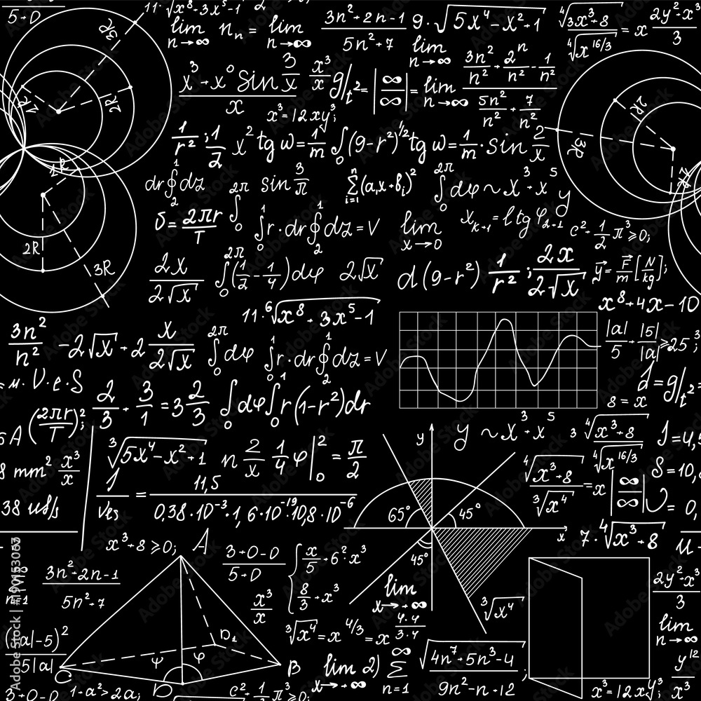 Wall mural educational physics vector seamless pattern with handwritten physical formulas, plots, calculations