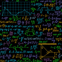 Multicolored physics vector seamless pattern with handwritten plots, formulas and calculations. Math colorful endless texture. You can use any color of background