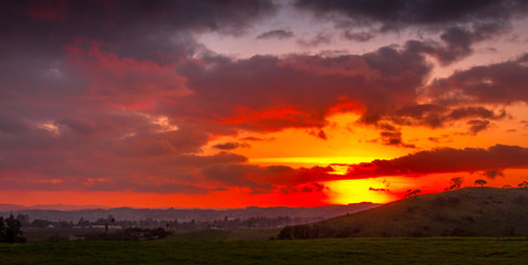 A broad and expansive view of setting sun with red to yellow colored clouds. Oak trees are silhouetted against the red sky. A small community of houses can be seen on the left.