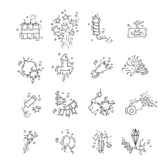 Hand draw firework icon set with petard, stars and pyrotechnics. Festival and event, celebrate and party. Vector illustration.