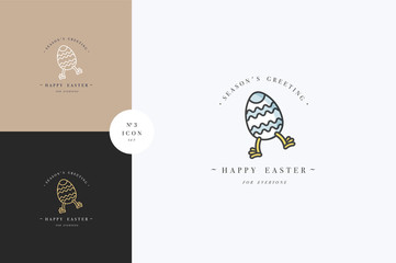 Vector linear design Easter greetings elements on white background. Typography set of icon for Happy Easter card, banners or posters and other printables. Spring holidays design elements.