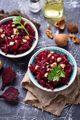 Healthy vegan beetroot salad with walnuts