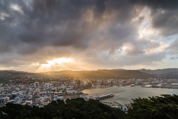 Wellington New Zealand seen from Mount Victoria during sunset. 