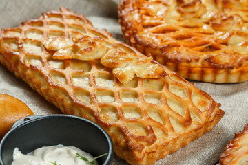 Assorted homemade rustic american style apple, berry, chocolate and lemon meringue pies