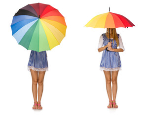 Woman with umbrella isolated on white