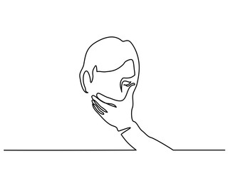 Continuous line drawing. Man covering his mouth with hand. Vector illustration