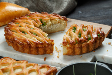 Assorted homemade rustic american style apple, berry, chocolate and lemon meringue pies