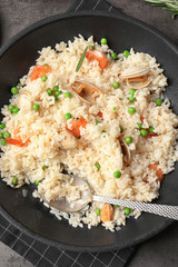 Dish with delicious seafood risotto, closeup