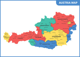 The detailed map of the Austria with regions or states and cities, capital