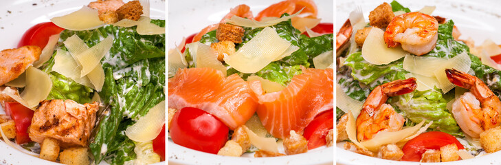 Collage of three kinds of Caesar Salad, with chicken, salmon and shrimp