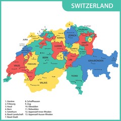 The detailed map of the Switzerland with regions or states and cities, capitals