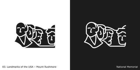 National Memorial Icon - Mount Rushmore.
Famous American landmark icon in line and glyph style.