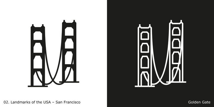 Golden Gate Bridge Icon - San Francisco. Famous American landmark icon in line and glyph style.