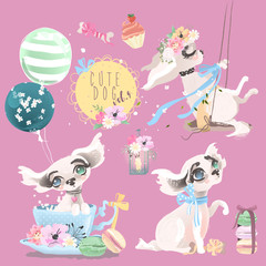 Cute baby dog, puppy, collection, set. Adorable little girl princess dog with flowers, balloons, tied bow, macaroons, cupcake, tea cup, lantern, swing and bones with bows