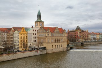 Fototapeta na wymiar View of Vltava riverbank and Novotny Lavka, Prague Czech Republic