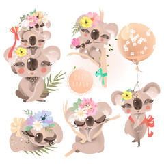 Cute baby koalas (coala) with flowers, floral wreath, bouquet, balloon and tied bows collection, set. Adorable baby animals