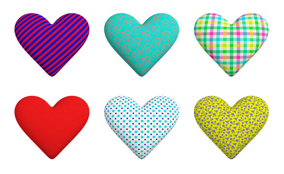  A set of six hearts of different texture: striped; with a print in the form of circles; checkered; red; in small peas; floral print.