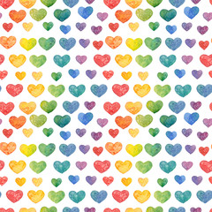 Watercolor seamless texture (pattern) with hearts for Valentine's day on the white background (isolated)