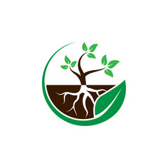 Plant with root in a circle leaf logo design concept vector